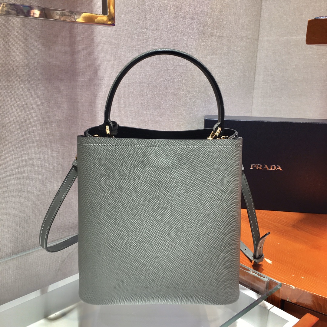 Prada Medium Panier Saffiano Leather Bag Light Grey/Black 1BA212